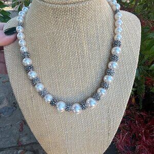 Faux Pearl Silver Bead Magnetic Clasp 16" Necklace